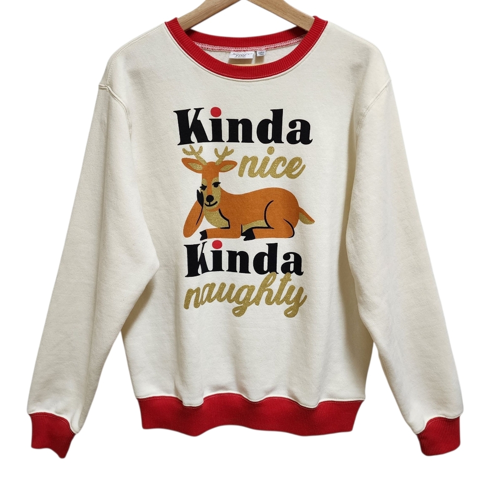 Women Size L Sweatshirt Cream Red Gold Crew Reindeer Kinda Naughty Nice Novelty